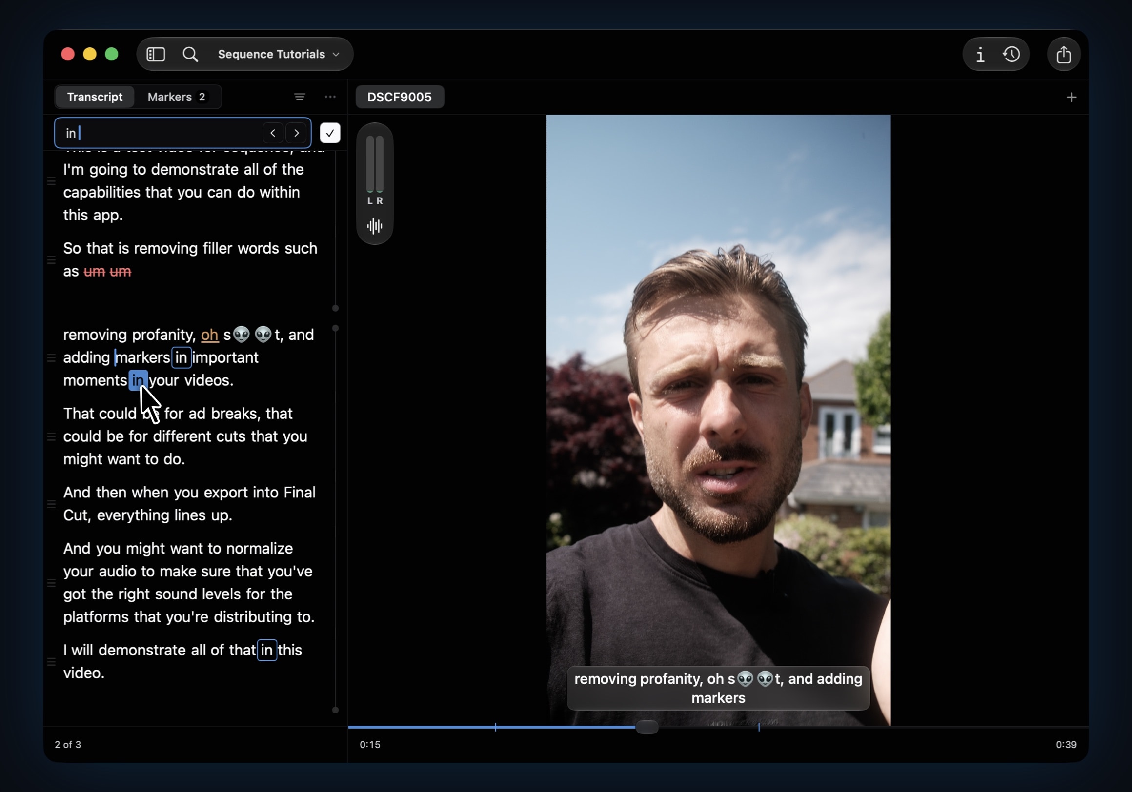 Using Find Within to search for key moments.