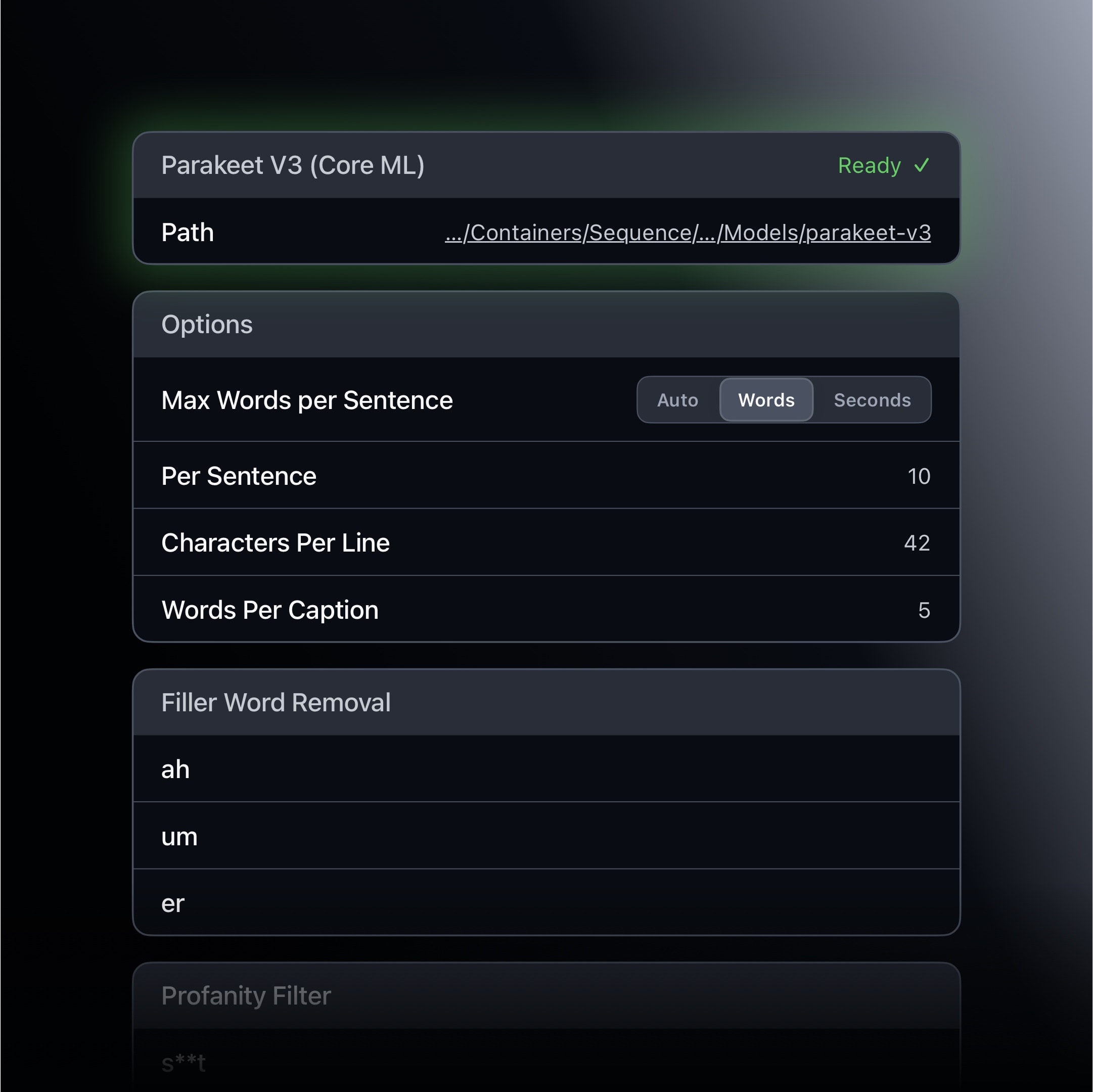 Parakeet v3 ready to use in Sequence, with transcription and caption options.