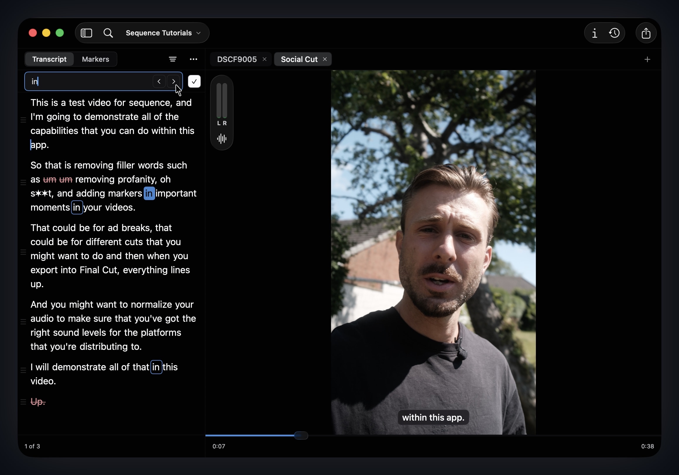 Using the Find within Transcript to see all results from the search term.