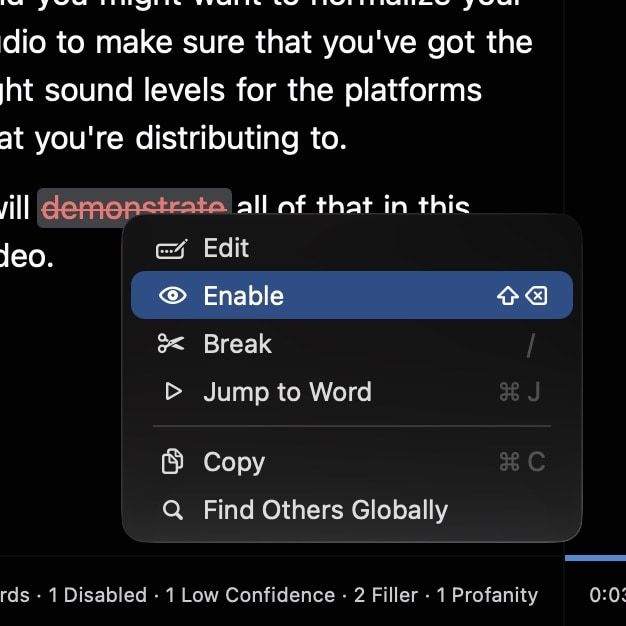 Controls for enabling and disabling words in the transcript pane