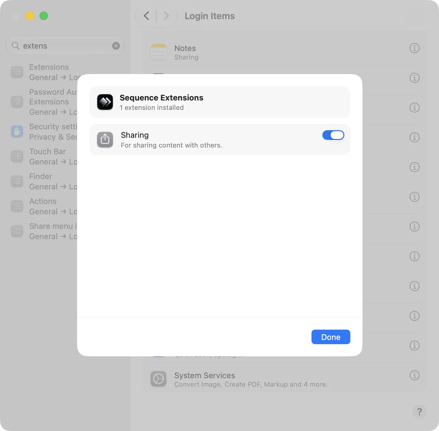 macOS Sequence Extensions panel showing one installed extension, Sharing, with its switch on